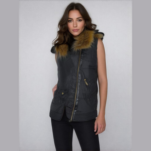 Poof Faux Fur Trim Asymmetrical Zipper Pockets Cozy Chic Black Vest - Size Large